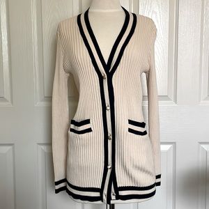 Cabi Navy Blue Trimmed Cream Cardigan Size S Gold Buttons
